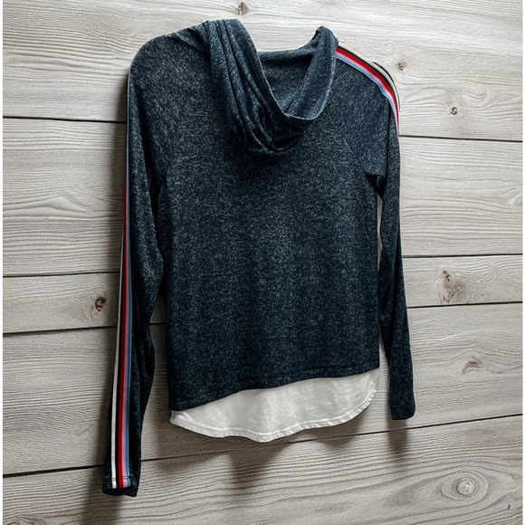 Abercrombie Kids Hoodie Sweatshirt Size 13/14 Blue Heathered Arm Stripe Pullover - Picture 2 of 8